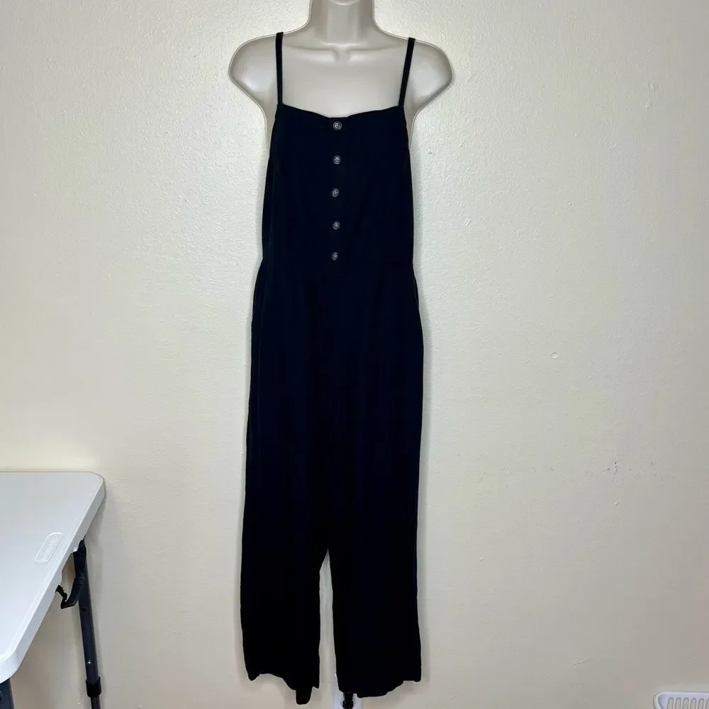 Old Navy Linen Rayon Black Jack Romper Overall Cropped Smocked Back Women Small - Picture 2 of 15